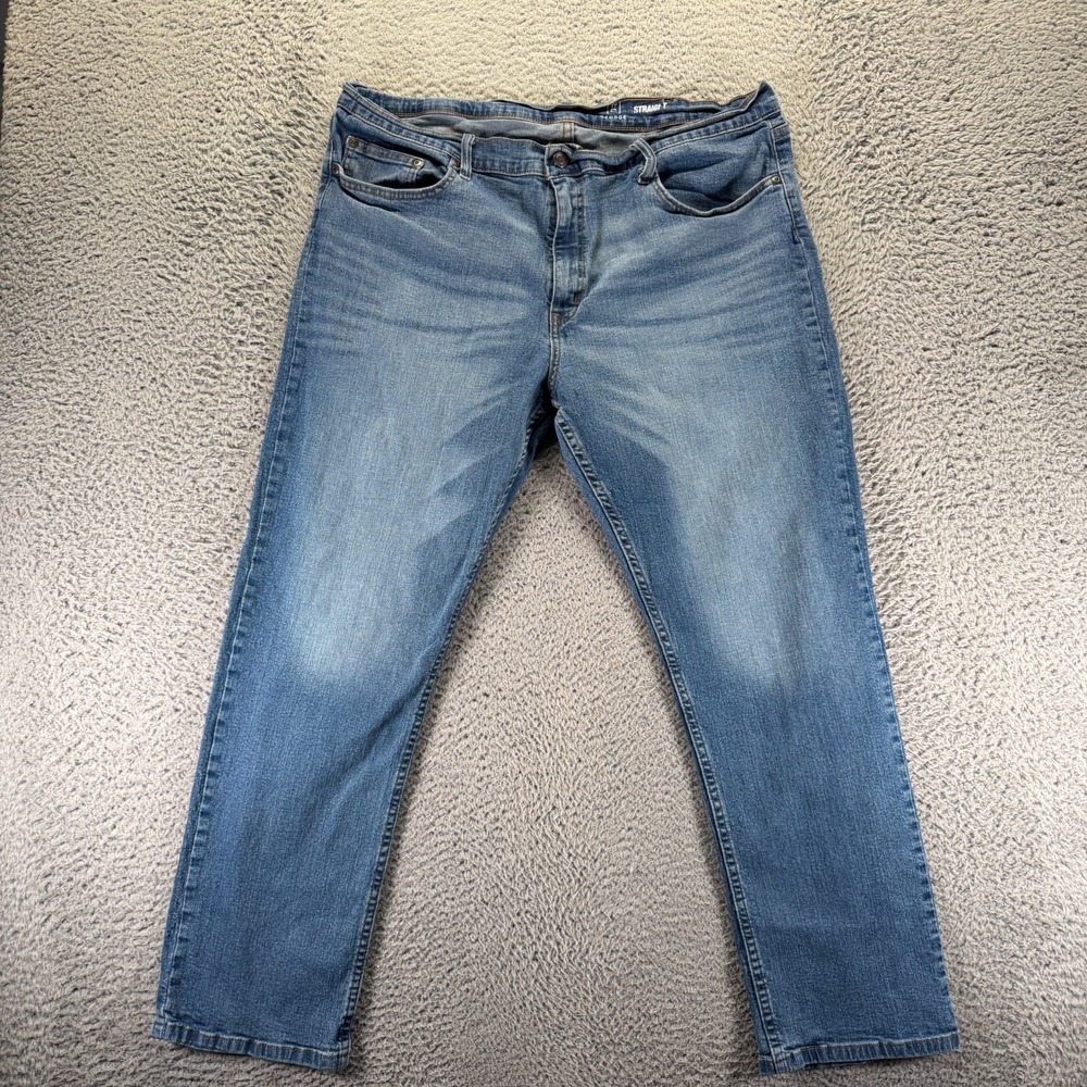 George Jeans Mens 40x30 Blue Cotton Denim Straight Workwear Travel Faded Stretch